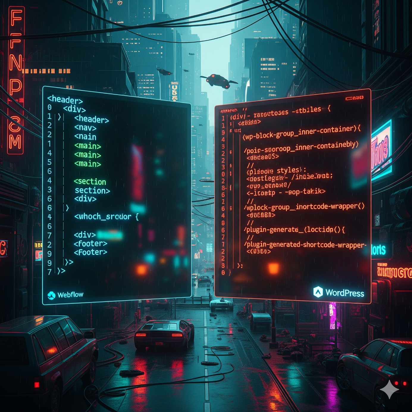 image of Clean HTML code output from Webflow compared to WordPress plugin-generated code