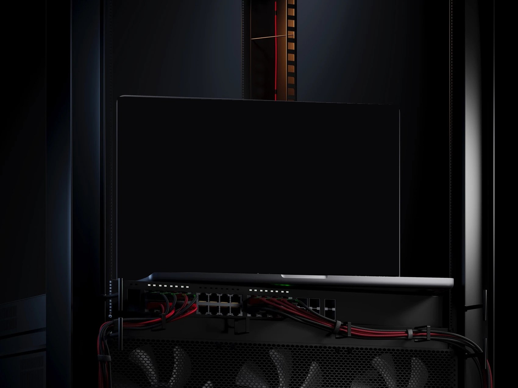 MacBook Pro sitting on a network switch in a comms rack, showing live ICN switch health