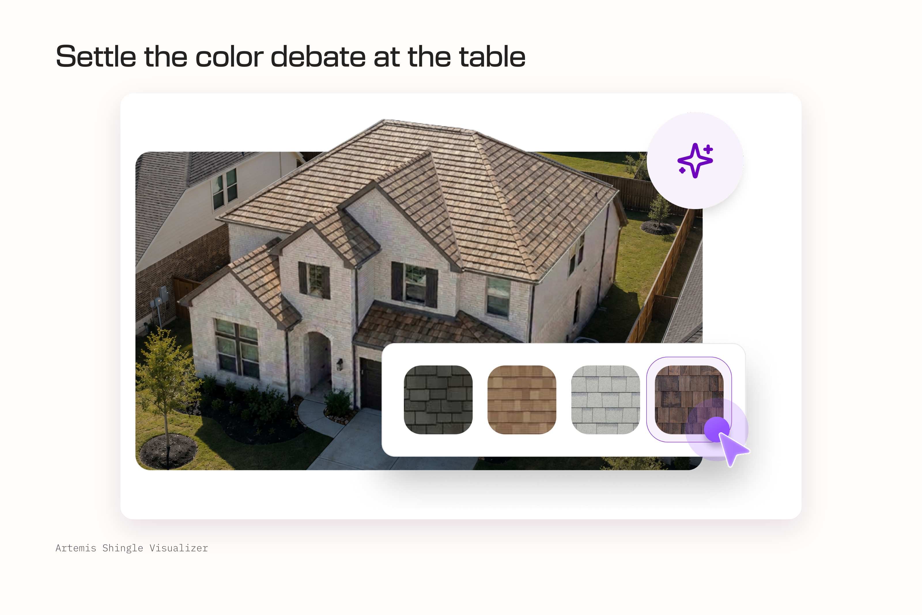 Artemis Shingle Visualizer screen: a home shown with new shingles applied and a picker of four shingle styles and colors, one selected
