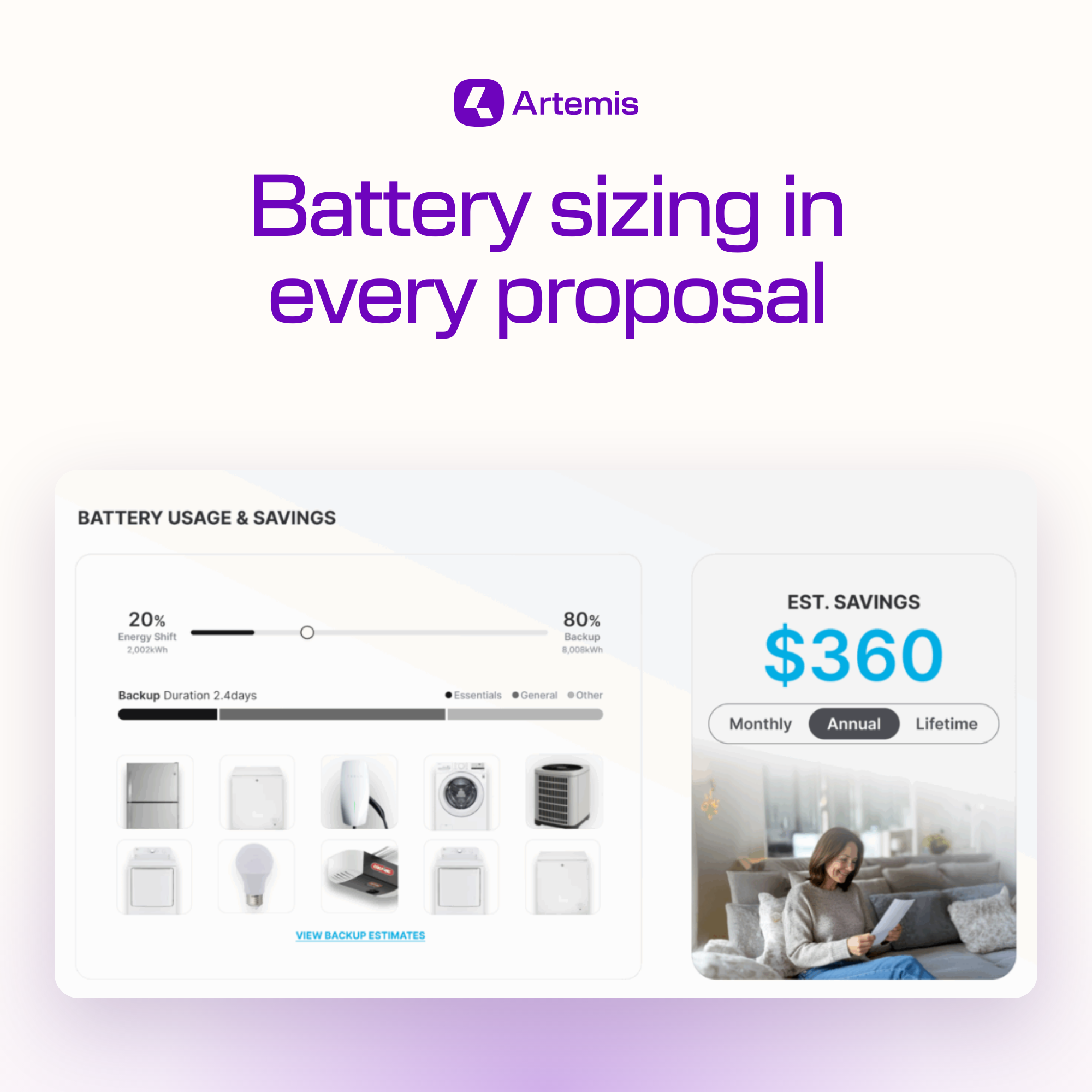 Artemis thumbnail: 'Battery sizing in every proposal' above the real Artemis battery usage and savings screen, showing a 20% energy shift and 80% backup slider, a 2.4-day backup duration, an appliance list and $360 estimated annual savings