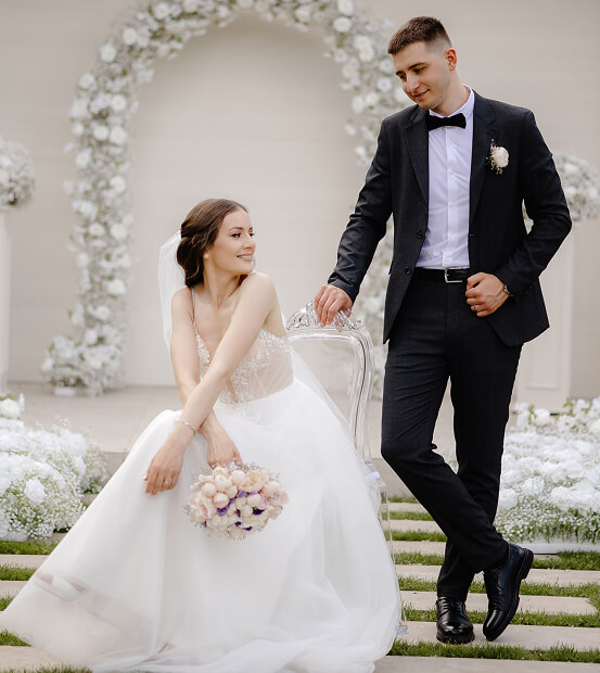 A wedding couple getting photos taken
