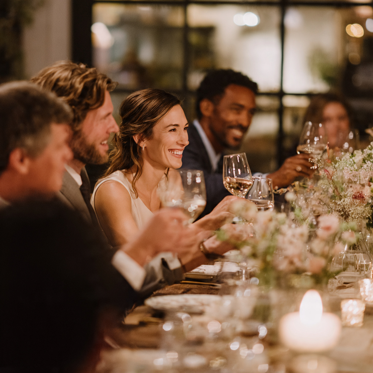 Group of well-dressed people sitting at table toasting champagne glasses