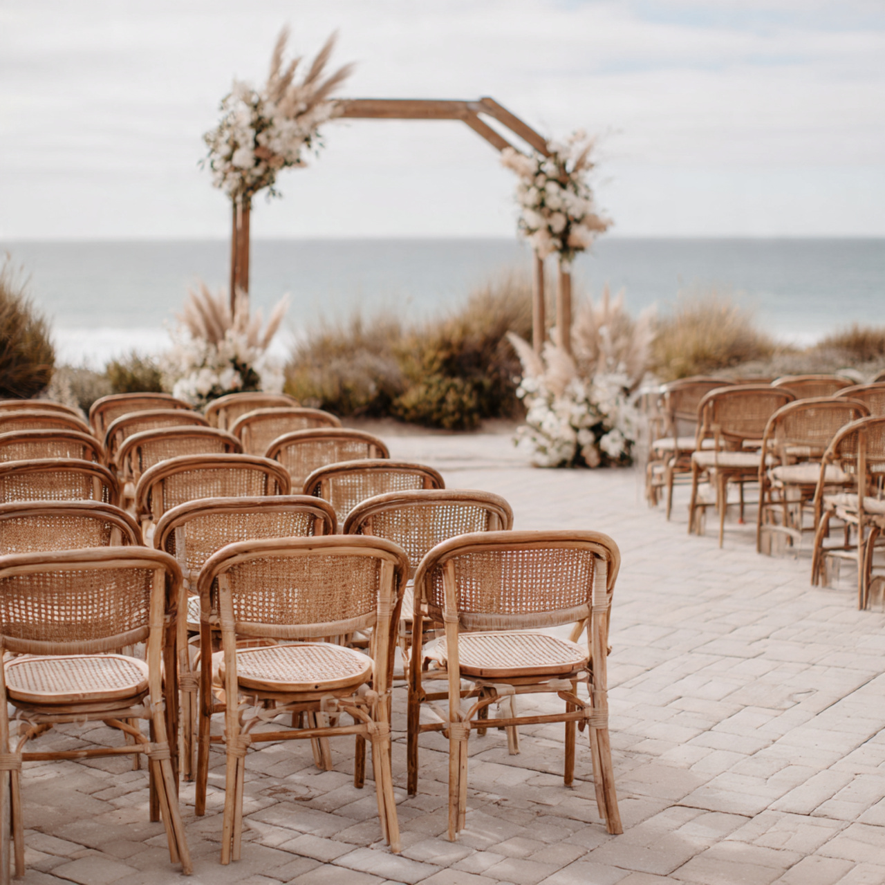 Wedding ceremony scene with empty chairs and ocean in background