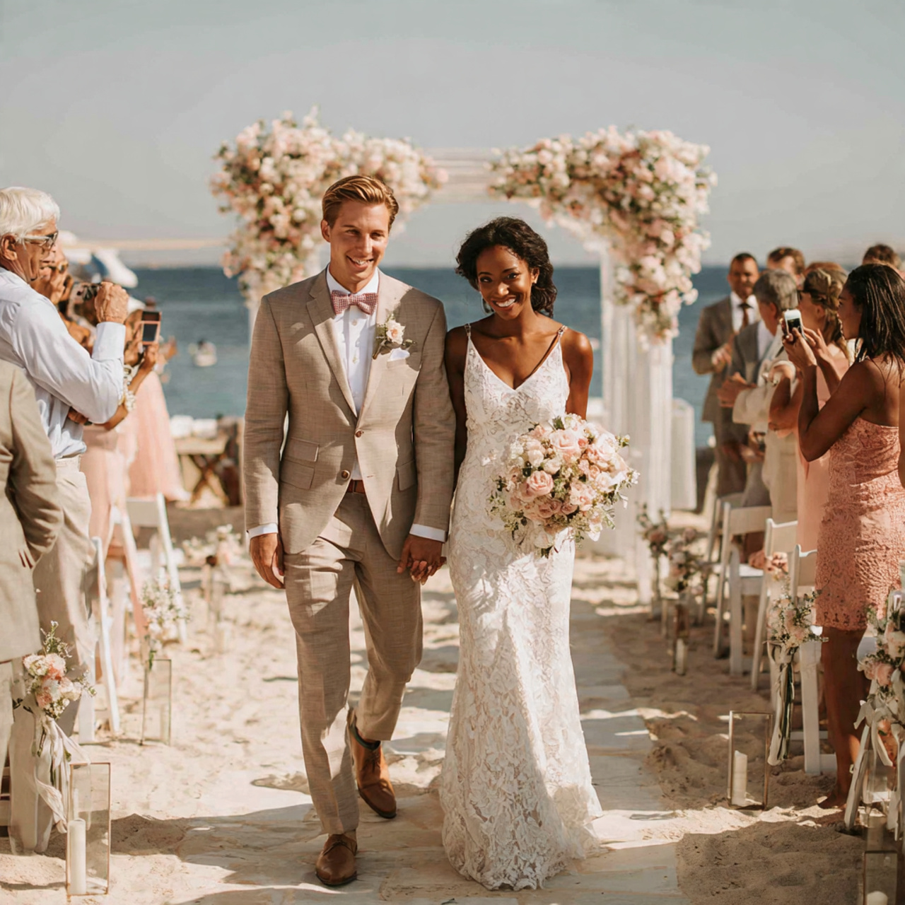 Just married couple walking down aisle holding hands