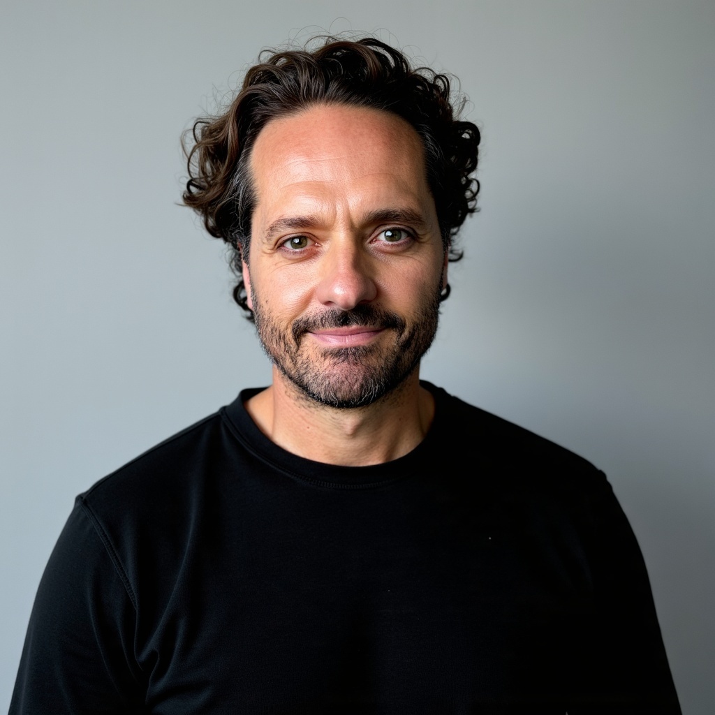 Smiling man with curly dark hair and beard wearing a black shirt against a gray background.