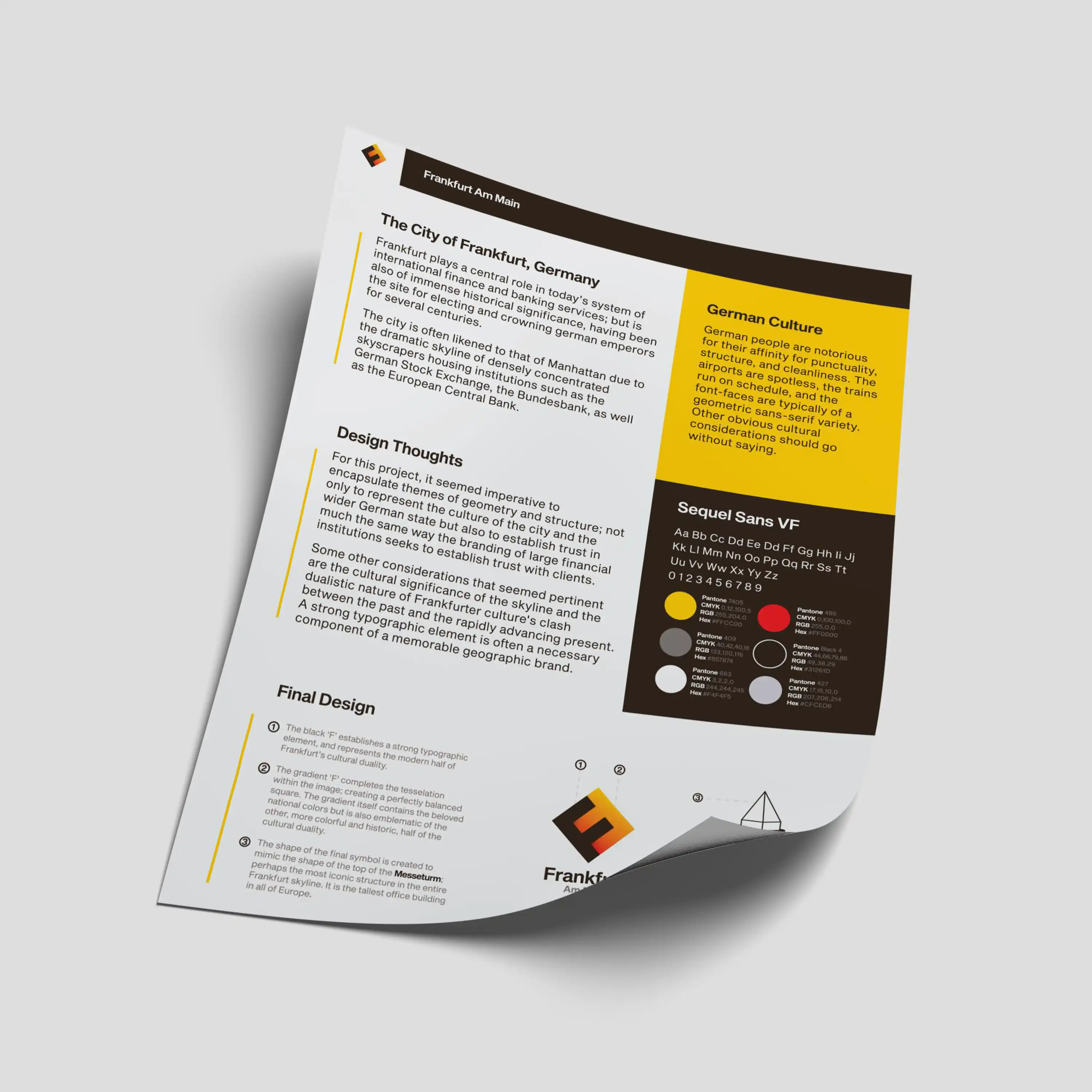 Design presentation page about Frankfurt, Germany featuring city and design descriptions, color palette, fonts, and logo design notes.