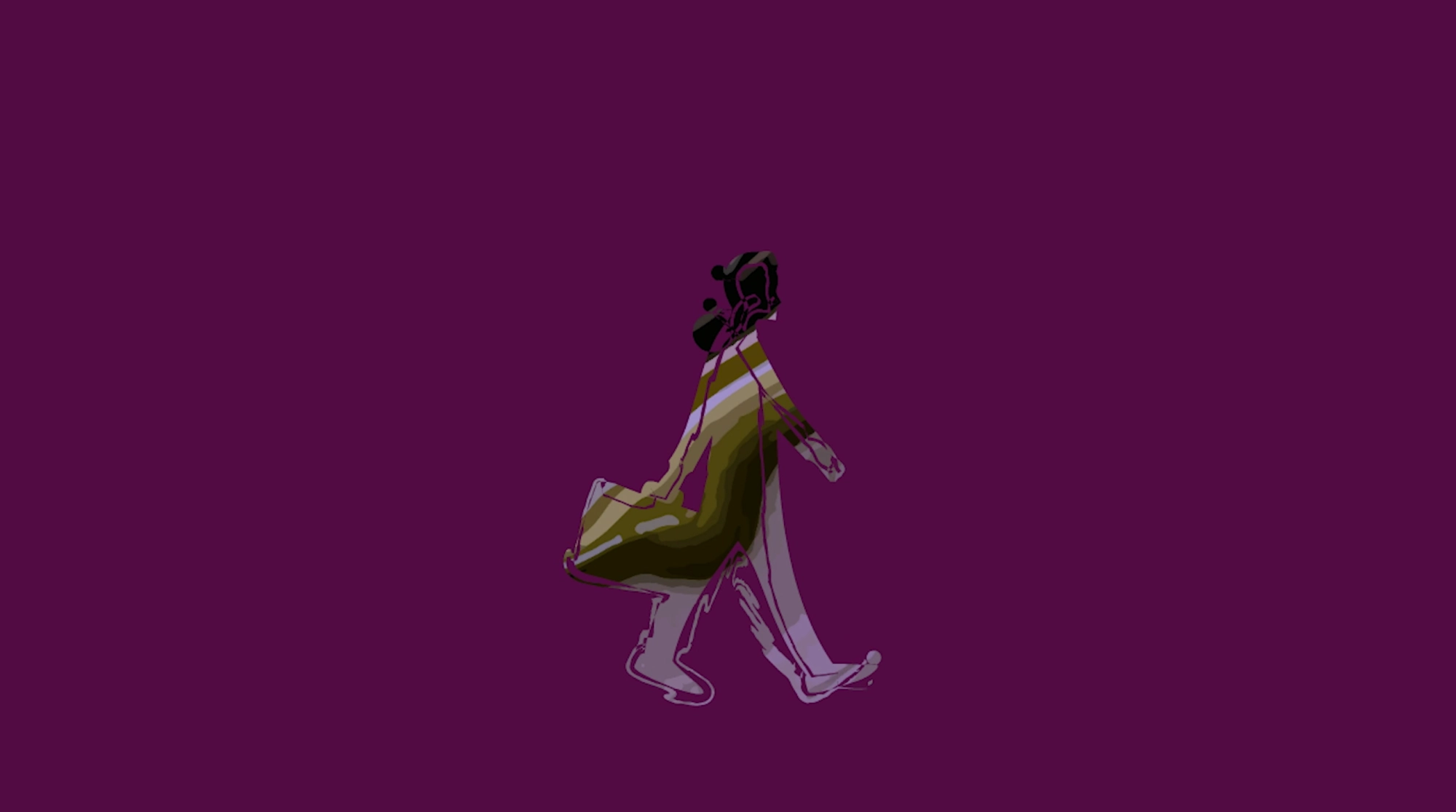 Abstract outline of a person walking carrying a large bag, on a deep purple background.