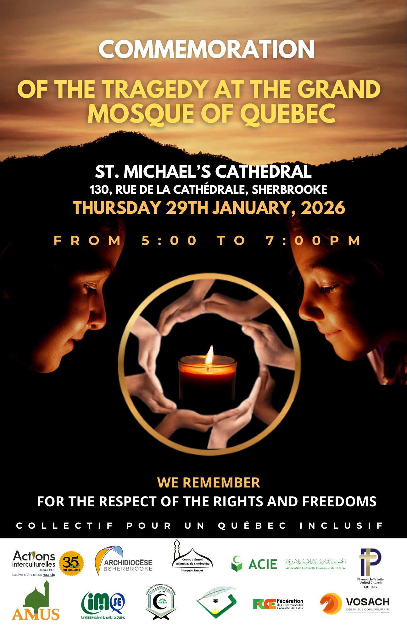 Event poster for Commemoration of the Tragedy at the Grand Mosque of Québec, SSM-MAW 2026