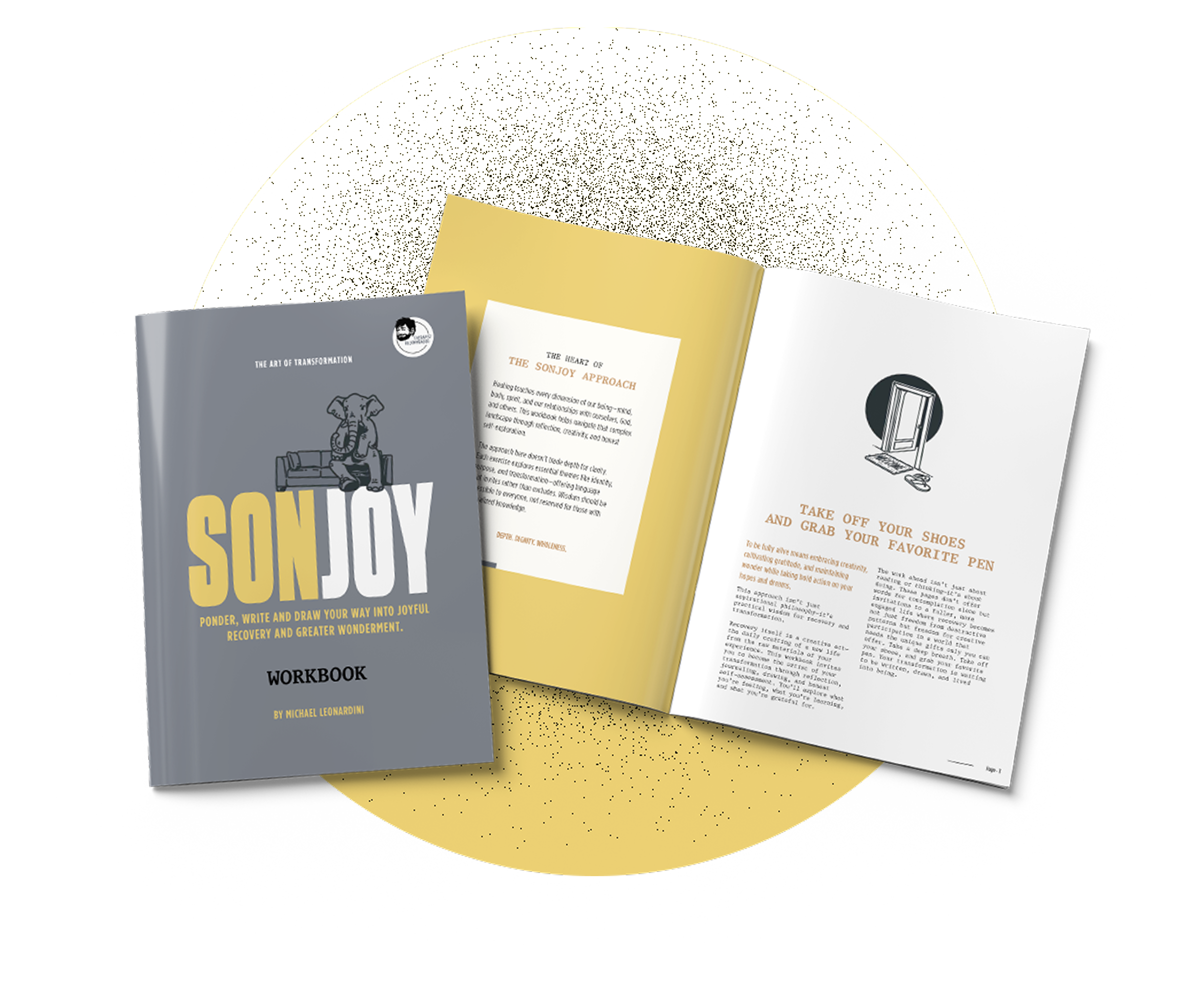 Cover and open pages of the SONJOY workbook by Michael Leonardini, featuring an elephant illustration and text about the Sonjoy approach and creative recovery.