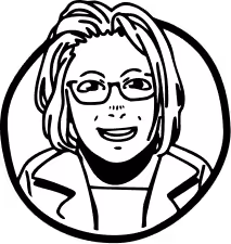 Black and white illustration of a smiling woman with glasses and shoulder-length hair wearing a blazer.