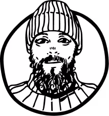 Black and white sketch of a bearded man wearing a striped beanie and a striped shirt inside a circular frame.