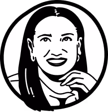 Black and white stylized portrait of a smiling woman with long hair resting her chin on her hand.