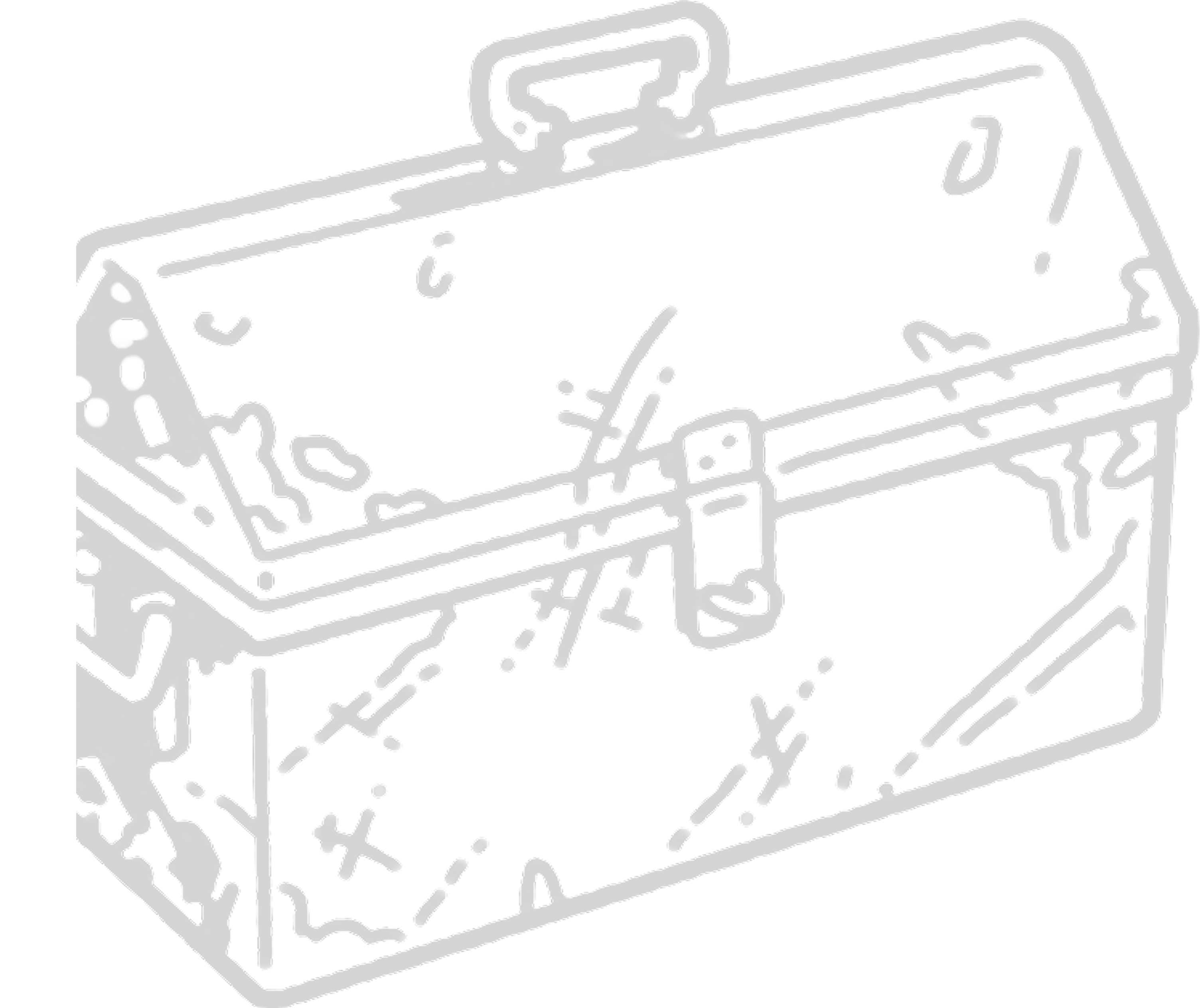 Illustration of a worn, vintage metal toolbox with a handle on top and latch on the front.
