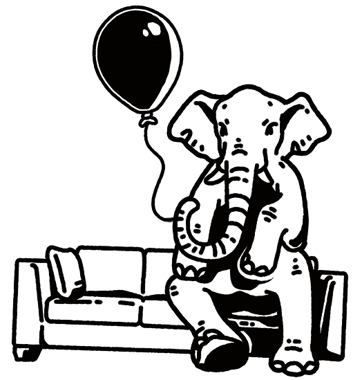 Line drawing of an elephant sitting on a couch holding a balloon.