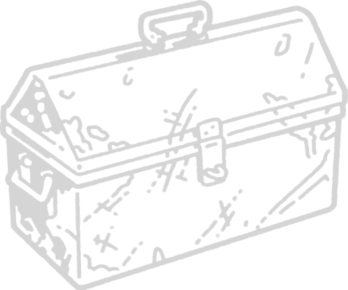Illustration of a weathered metal toolbox with a handle on top and a latch on the front.