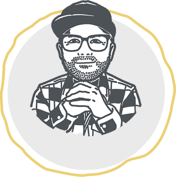 Black and white illustration of a man with glasses, a cap, and a checkered shirt, resting his clasped hands near his face inside a circular frame with a wavy yellow outline.
