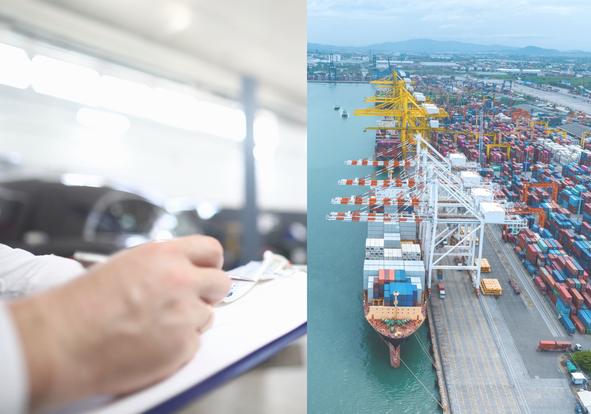 A person signing and order and a ship on a port getting loaded