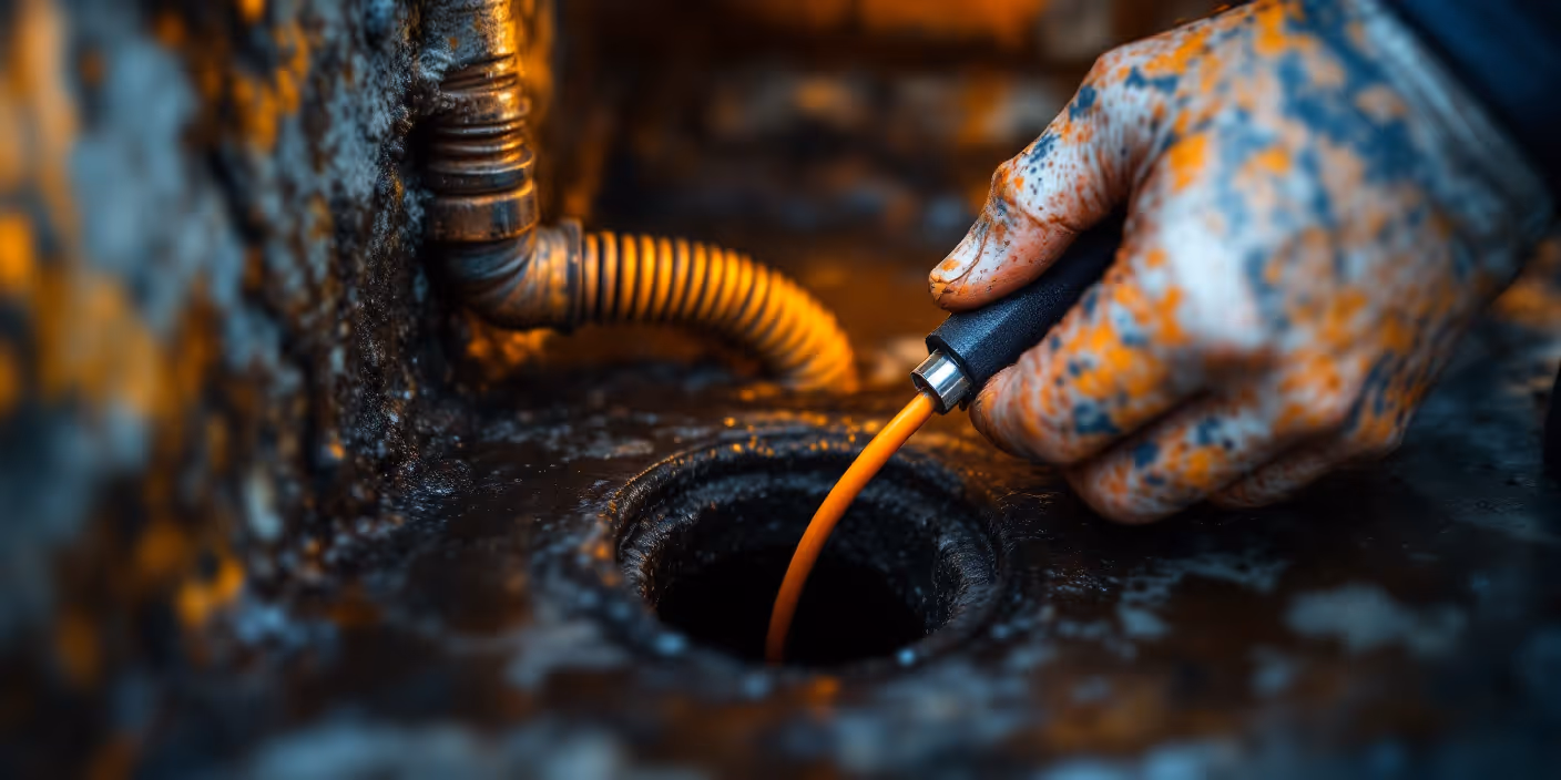 Tight close-up of plumber using electric spiral in pipe, cable entering dark drain, sludge and rust details