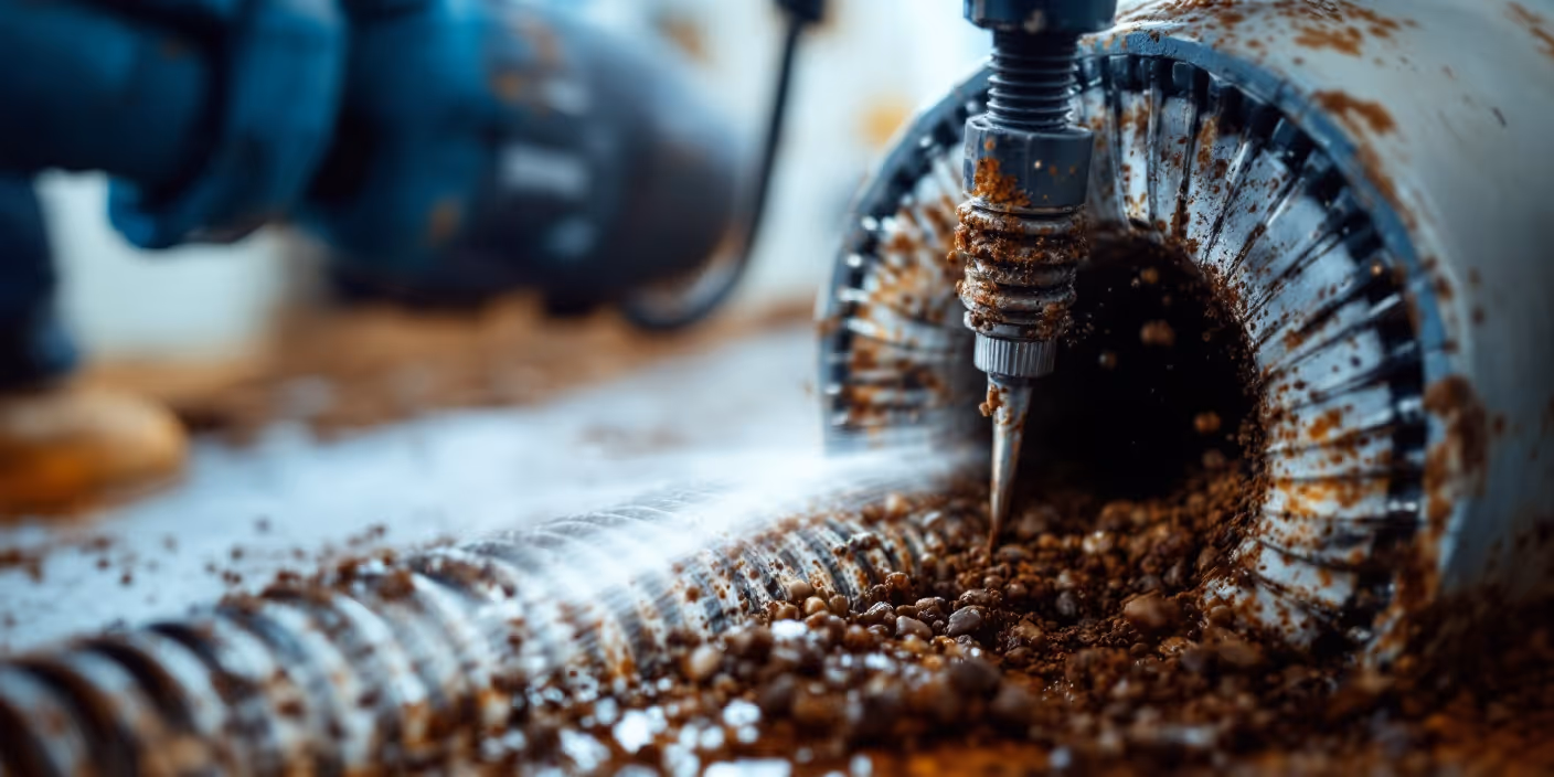 home plumber cleaning drain pipe with electric spiral machine, close-up of tool inside pipe, worn metal and grime details