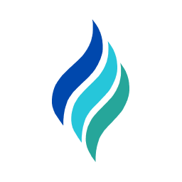 Abstrakte blau-türkise Flammenform mit drei geschwungenen Elementen.