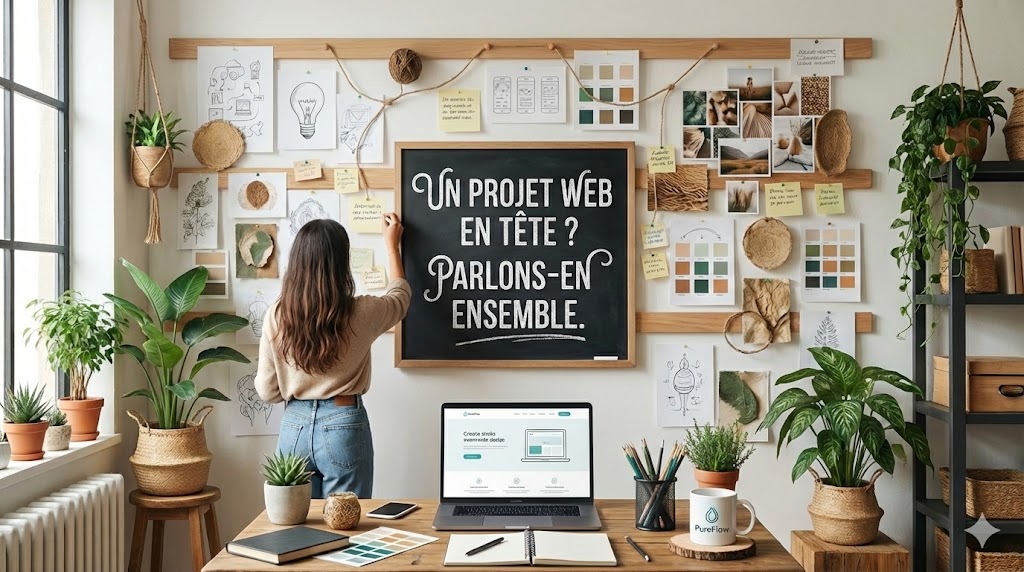 image d'une femme écrivant sur un tableau, évoquant la possibilité d'échanger sur les idées de projet web