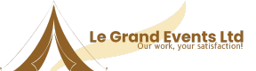 Logo of Le Grand Events Ltd with stylized brown and beige tent and the tagline 'Our work, your satisfaction!'