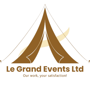 Logo of Le Grand Events Ltd featuring a stylized brown event tent with a golden swoosh behind, and the tagline 'Our work, your satisfaction!' below.