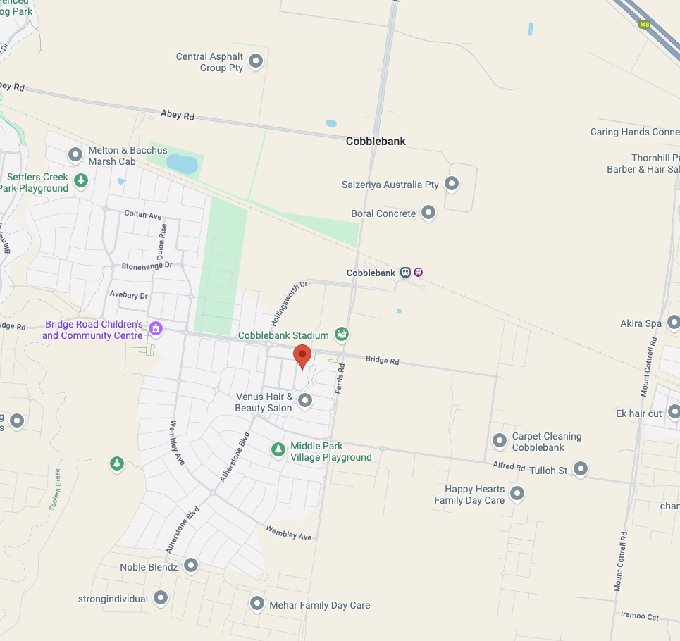 Map of Cobblebank area showing streets, parks, playgrounds, and local businesses including Cobblebank Stadium and Venus Hair & Beauty Salon.