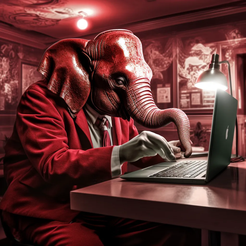 A Red Elephant working on a computer