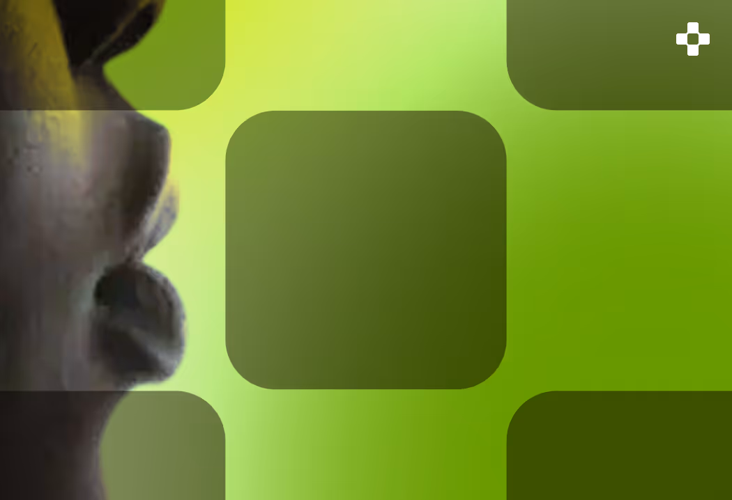 Side profile of a person with open mouth against a green background with dark green rounded squares.