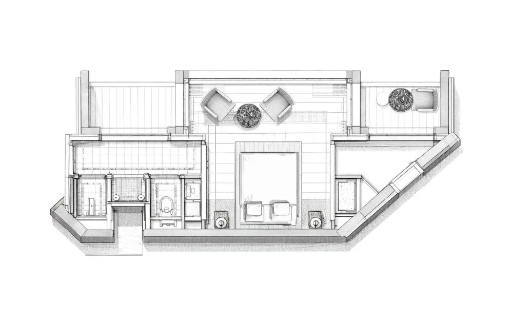 Floor plan of the Artist’s Studio Patio Room at Villa Colette