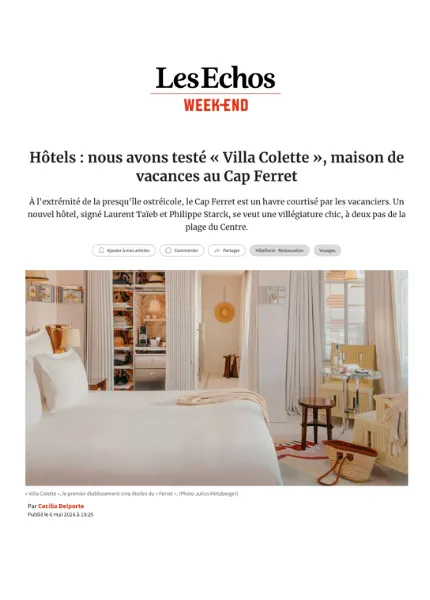 Article de la gazette Les Echos sur la Villa Colette au Cap Ferret, présentant une chambre designée par Philippe Starck.