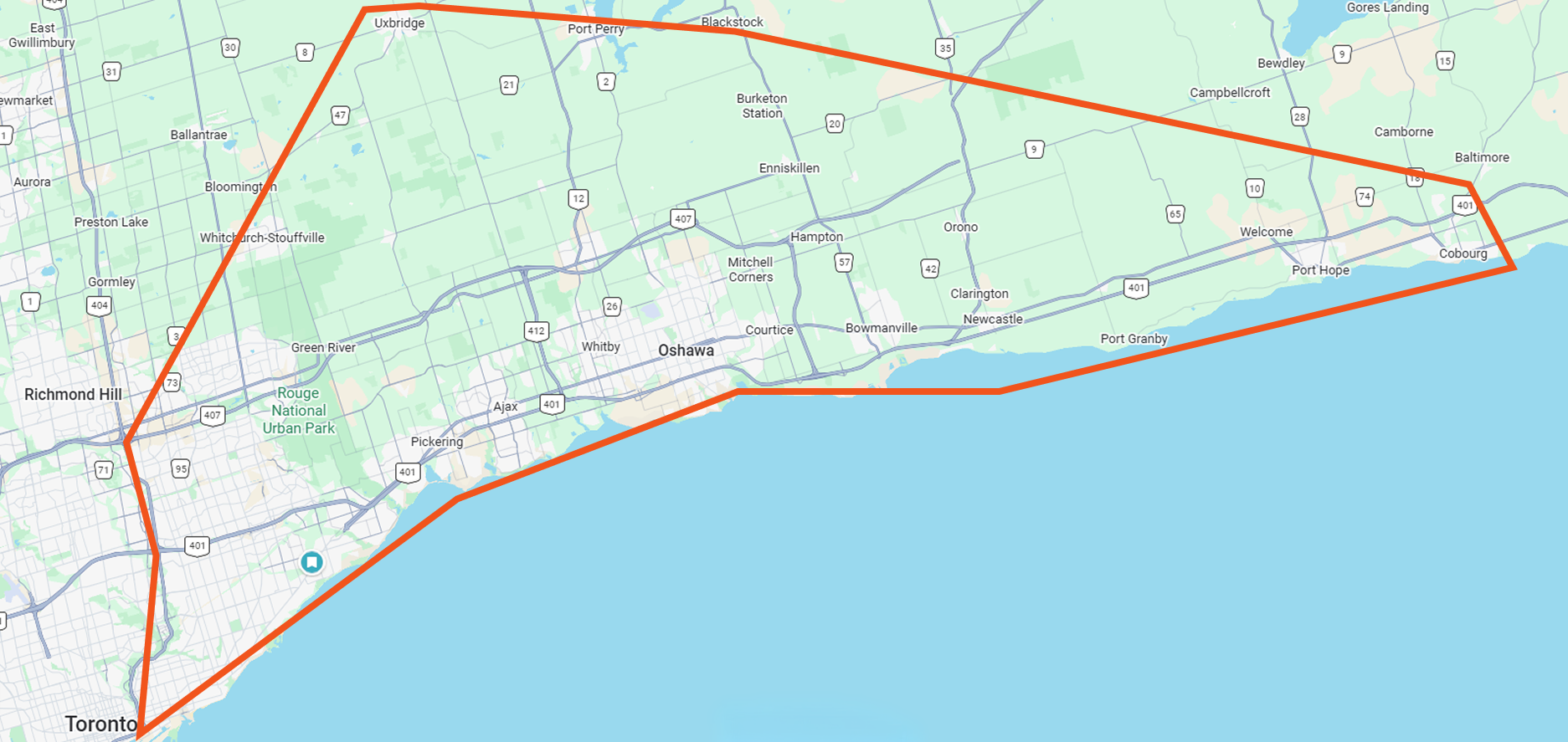 Service area map for Lakeside Home Inspections Durham Region and GTA East