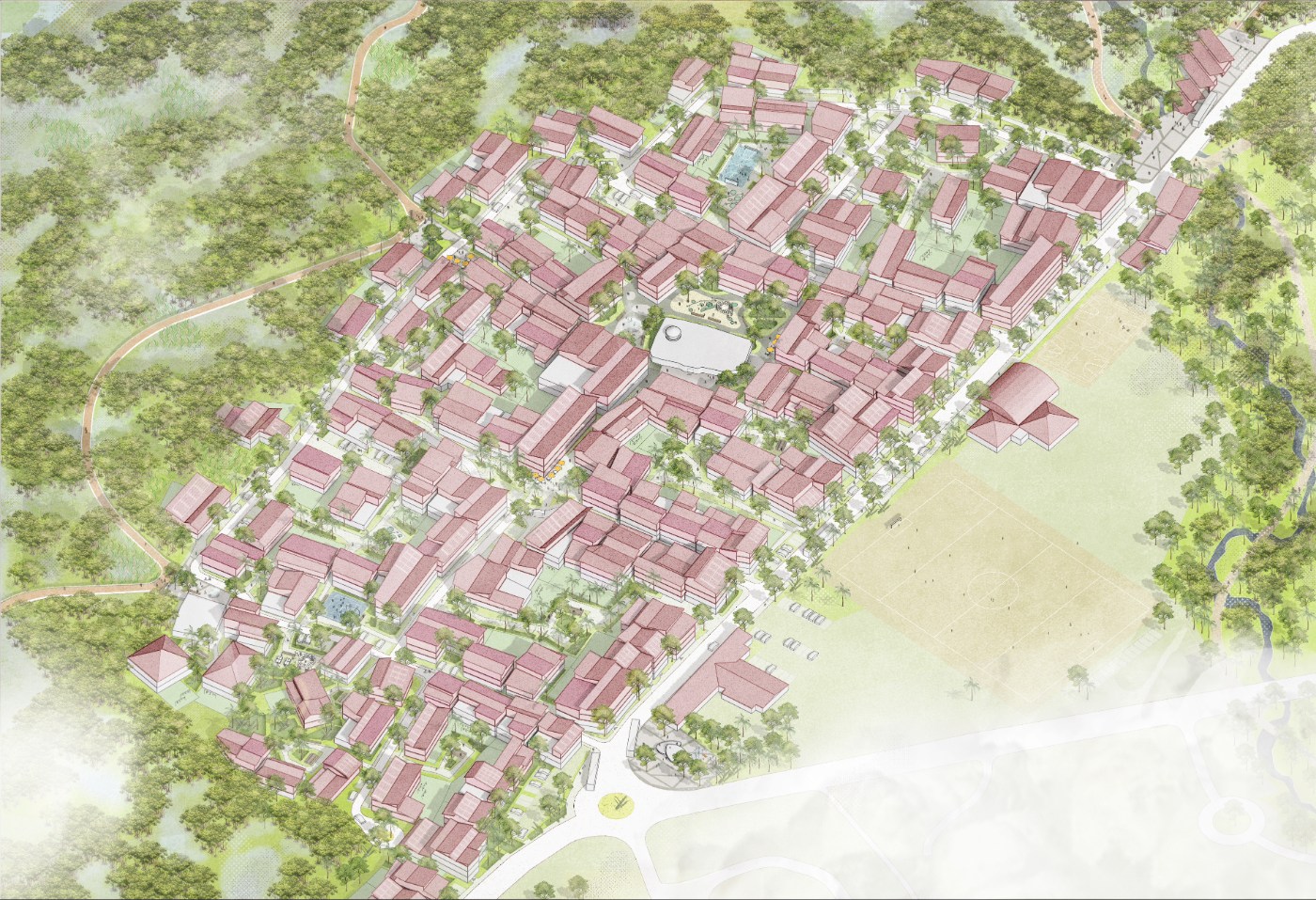 Isometric view of a large residential complex in Mayotte Dembeni with multiple buildings, green spaces, trees, pathways, and a soccer field, surrounded by forested mangrove areas.