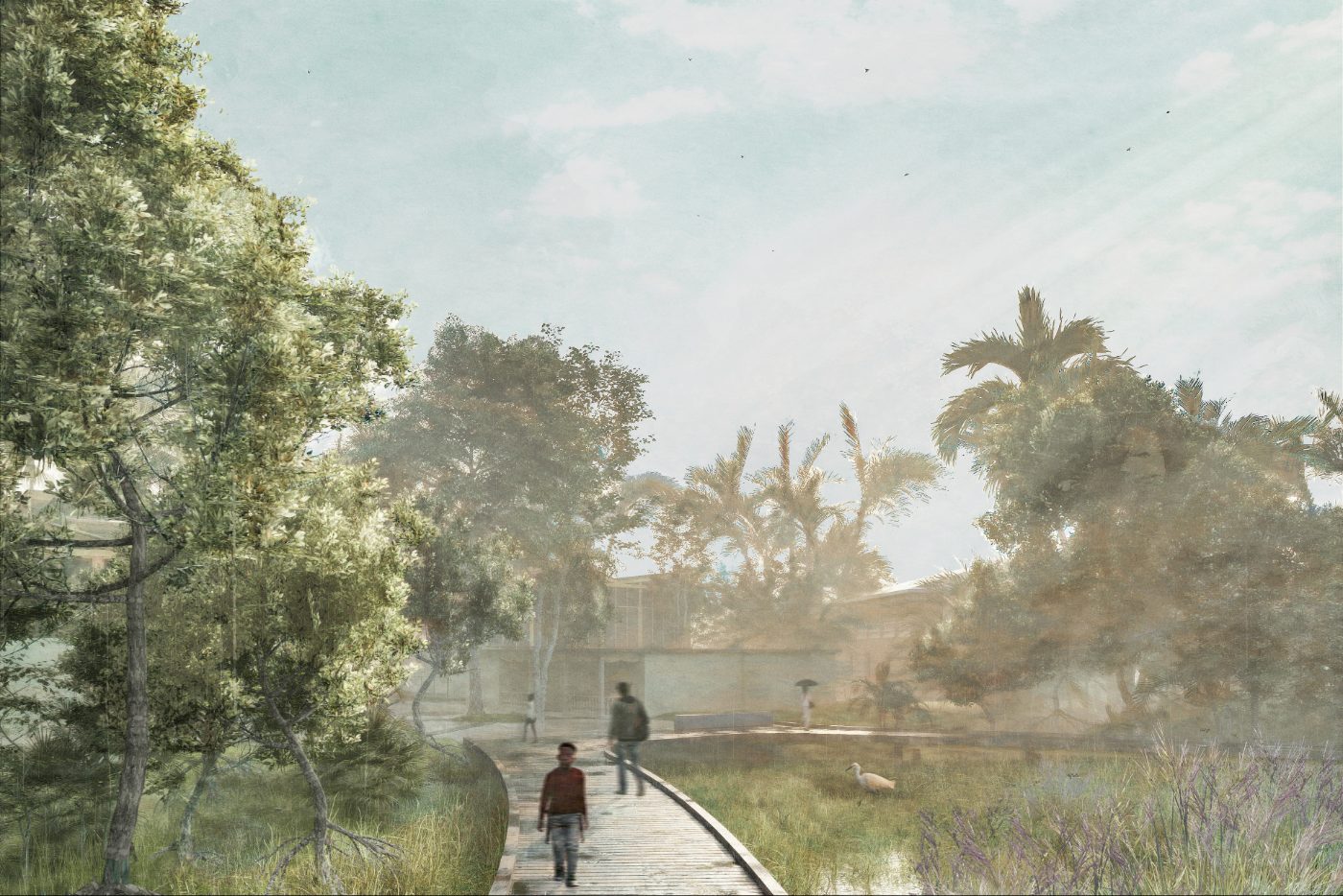 A misty mangrove nature scene in Mayotte Dembeni with a wooden path winding through lush greenery, tropical trees, and a few people walking.