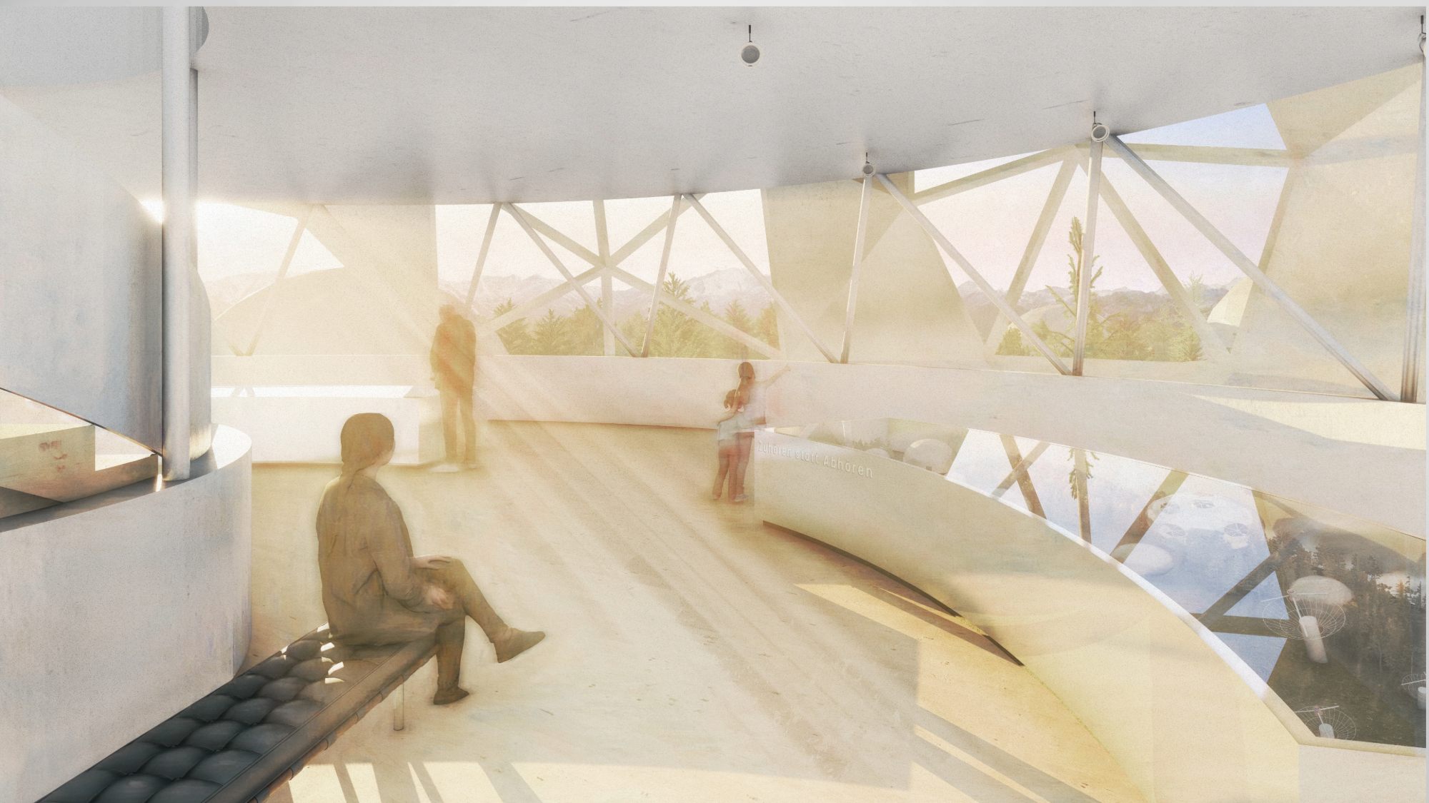 Bright modern interior space in the Radom in Bad Aiblingen with large geometric windows, a person seated on a bench, and others standing by the windows with a view of alpine trees and mountains.