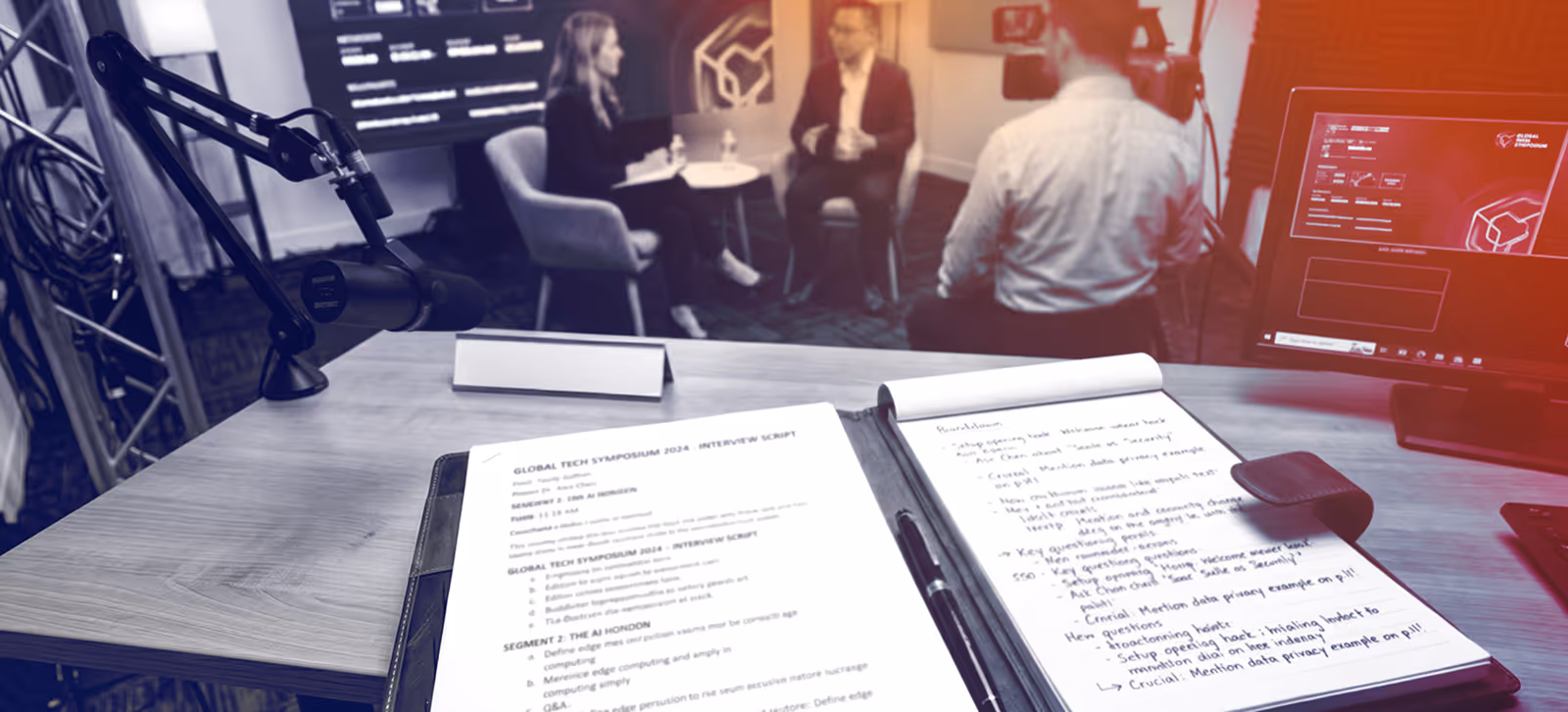 Interview setup with microphones, notes on a desk, and a seated man and woman being recorded on camera.