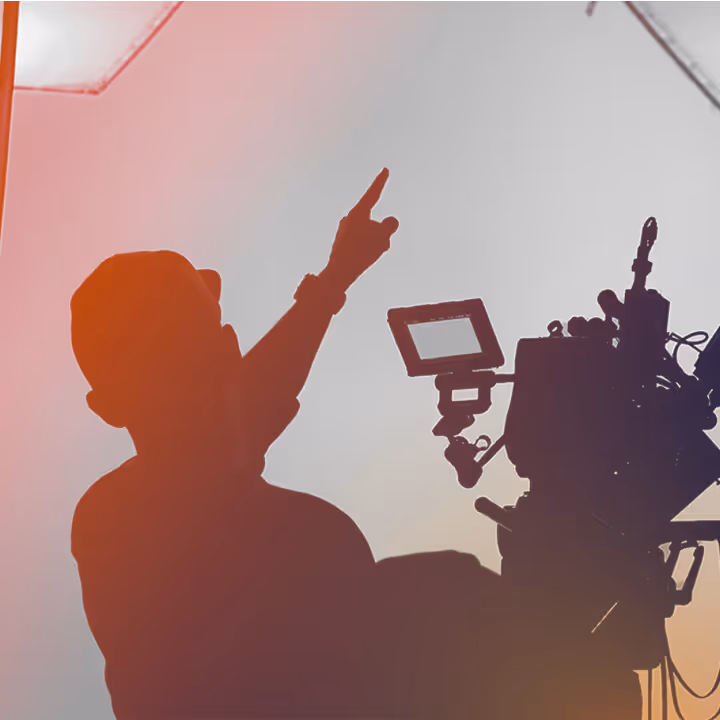 Silhouette of a person pointing while operating a professional video camera with a monitor.