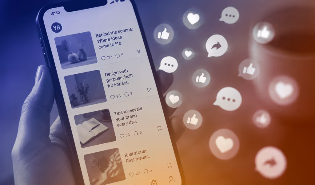 Hand holding smartphone with social media posts and floating icons of likes, hearts, comments, and shares.