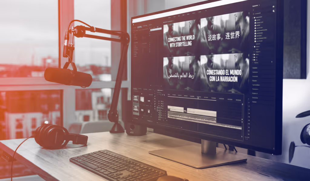 Desk setup with microphone, headphones, keyboard, and a monitor displaying video editing software.