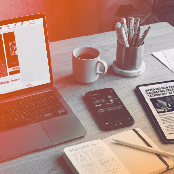Workspace with laptop, coffee cup, smartphone, tablet, pen holder, and open notebook on a wooden desk.