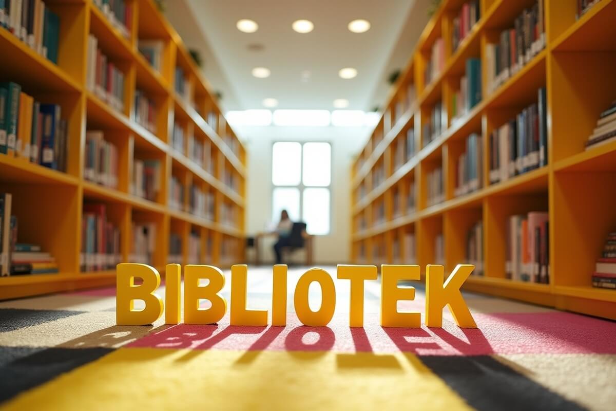 Et moderne bibliotek med gule bokhyller og store bokstaver som staver ordet «BIBLIOTEK» på gulvet, som illustrasjonsbilde for beskrivelsen av Landås bibliotek (Årstad) i Bergen