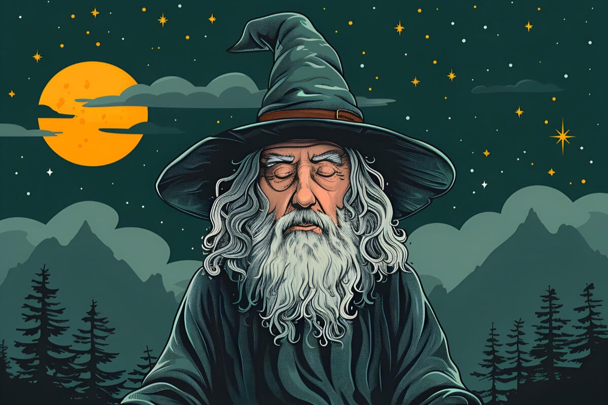 Illustrasjon av vis, eldre trollmann med langt hvitt skjegg og spiss hatt, omgitt av mørke fjell, stjernehimmel og fullmåne. Mystisk fantasy-stemning med natur og magi