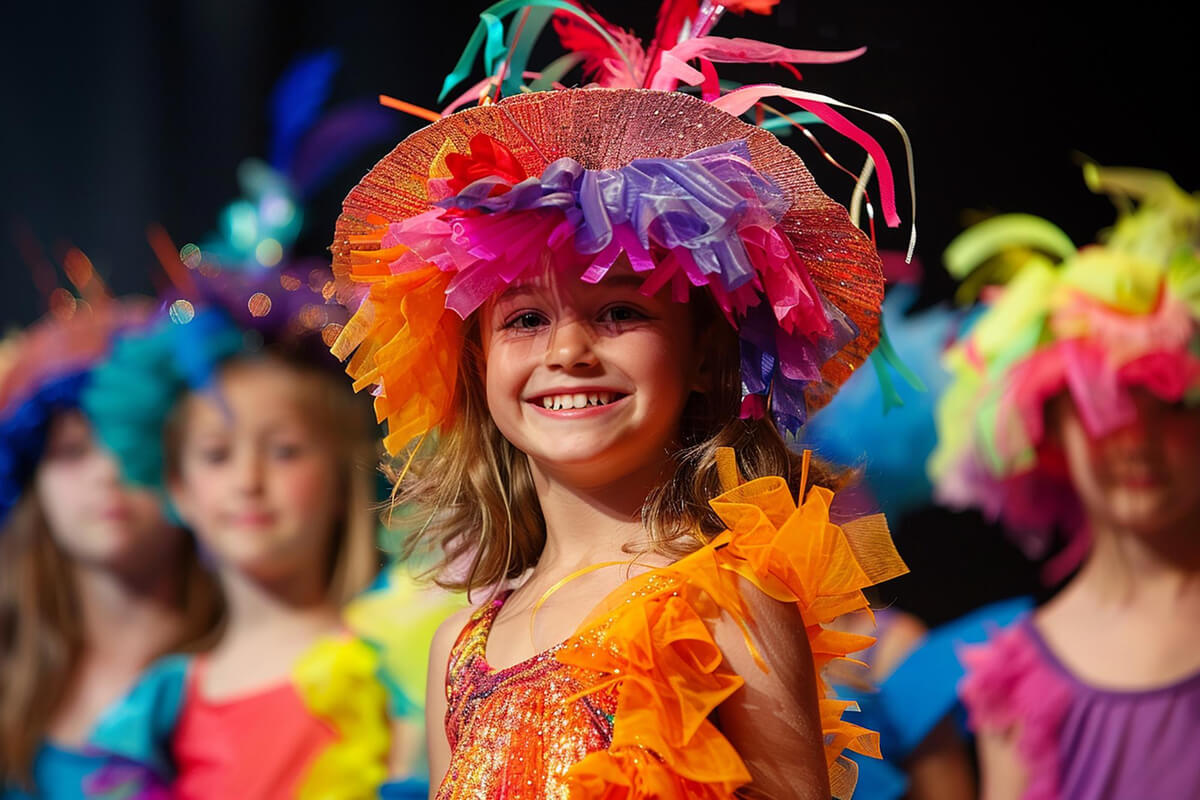 Smilende jente i fargerik kostyme og hatt under en sceneforestilling med andre barn i bakgrunnen som illustrasjonsbilde for arrangementsbeskrivelsen Lørdag i Stormen i Stormenkvartalet i Bodø