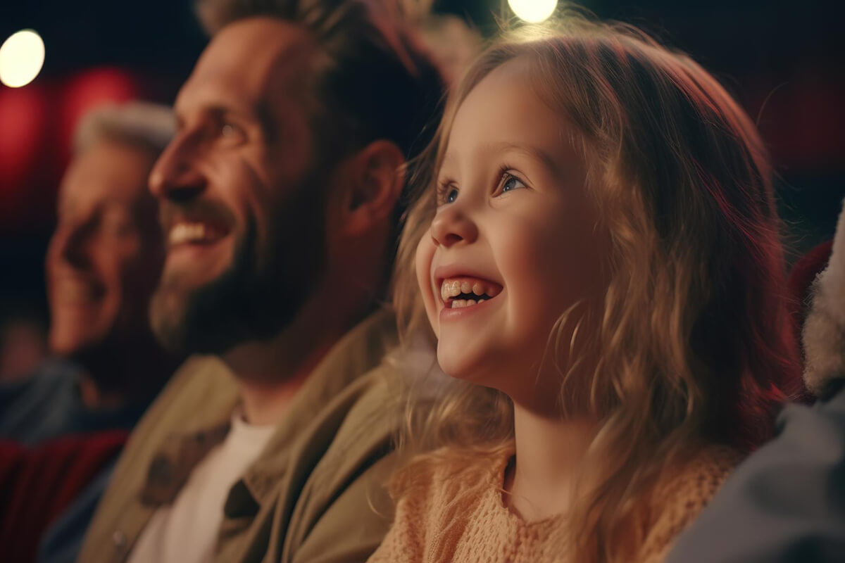 Smilende barn og voksne nyter en forestilling sammen i en teatersal