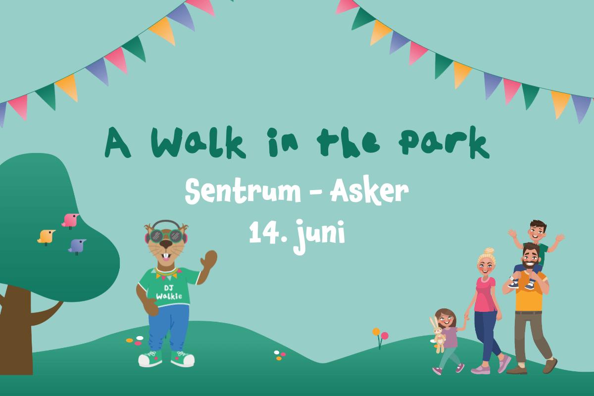 Plakat for familiefestivalen A Walk in the Park i Asker med maskoten og en mor med en datter mot grønn bakgrunn