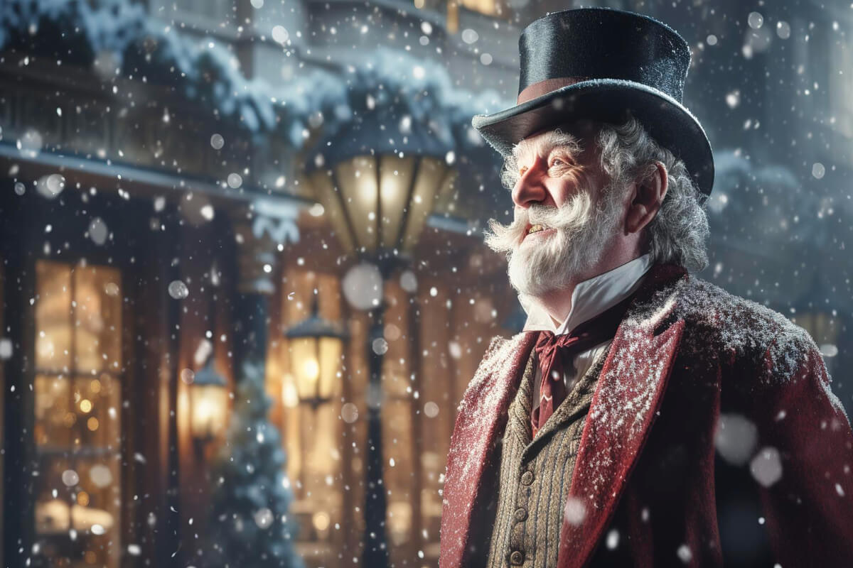 Mann med stort hvitt skjegg og hår og flosshatt, som går i en gate med gasslykter i bakgrunnen og snøen dalende ned som illustrasjon for En julefortelling på Fyllingsdalen Teater