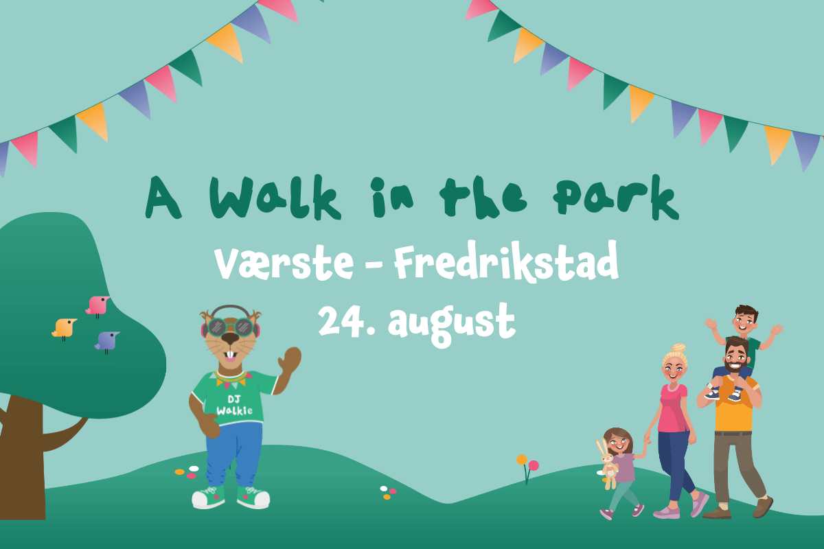Plakat for familiefestivalen A Walk in the Park i FredrikstadHamar med maskoten og en mor med en datter mot grønn bakgrunn