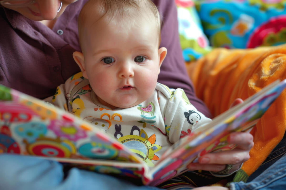 Baby som sitter i fanget på moren og ser i en bok som illustrasjonsbilde for Baby på bib på Deichman Oppsal