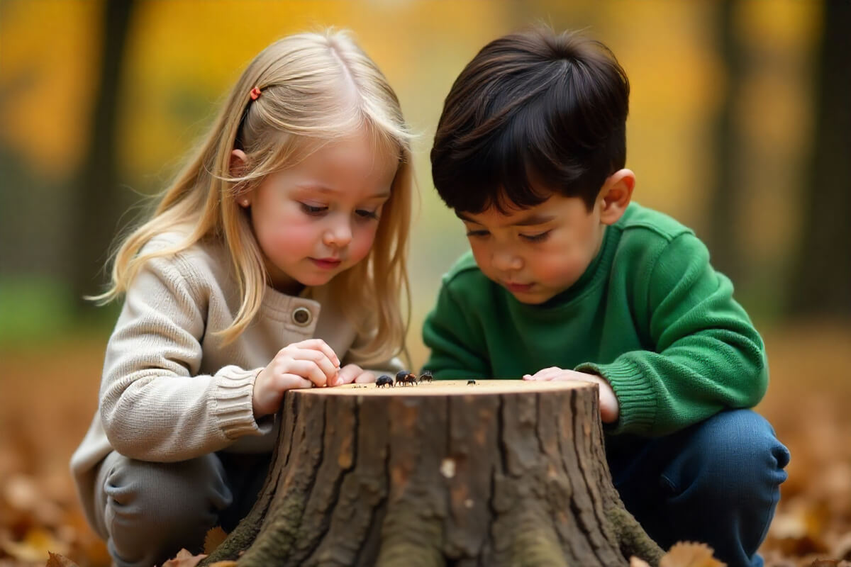 To barn sitter ved en trestubbe i skogen og studerer insekter på nært hold